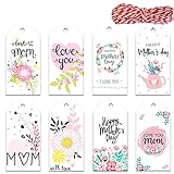 Doumeny 120Pcs 8 Style Mother's Day Paper Gift Tags Happy Mother's Day Hanging Labels Floral Love You Mom Best Mom Label Tags with 65.6 Feet Twines for DIY Crafts Mother Party Birthday Gift Wrapping