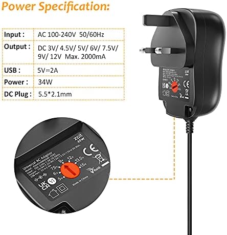 Zolt 34W Universal Multi Voltage Power Adapter 3V 4.5V 5V 6V 7.5V 9V 12V 1A 2A Power Supply AC to DC Universal Adaptor for Household Electronics with 5V 2A USB Port, 2000mA Max