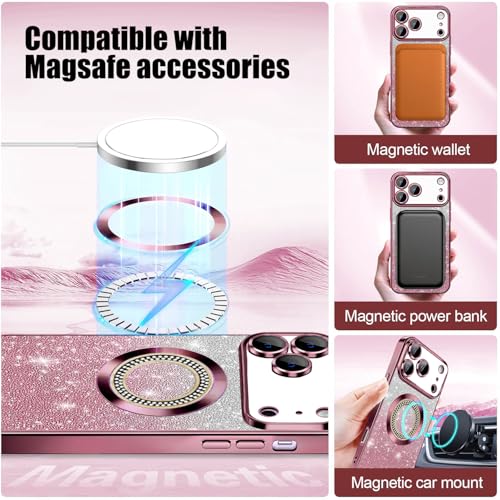 Image of Misscase for iPhone 17 Pro Magnetic Glitter Case Compatible with MagSafe,Full Protection Slim Shockproof Anti-Scratch Case with Camera Lens Protector Plating Bling Dust-Proof Net Pink