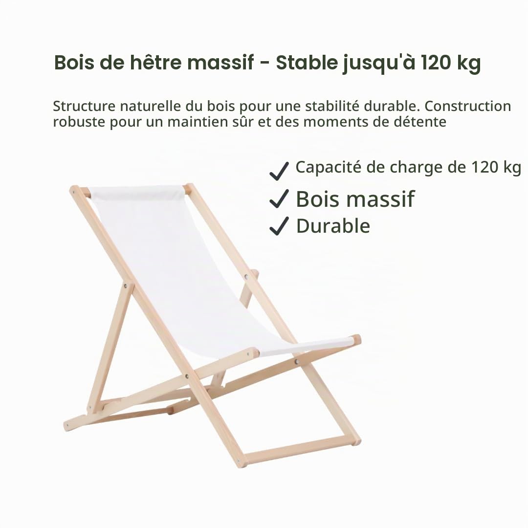 BAS Chaise Longue Pliante en Bois - Lot de 2 Transates de Plage Chaise Blanc - Chilienne Pliante - Chaise Longue Jardin Relax Pliable pour Balcon, Plage, terrasse et Camping