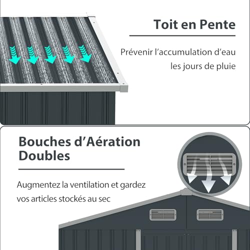 Abri de jardin métal avec 4 aérations et toit double pente protecteur - 6