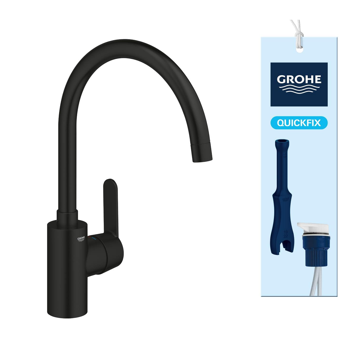 GROHE Get – Grifo de cocina monomando (caño alto en C 353 mm, ángulo de giro ajustable, cartucho cerámico 35 mm, conexiones 3/8", fácil instalación con QuickMount), Negro Mate, 314942431