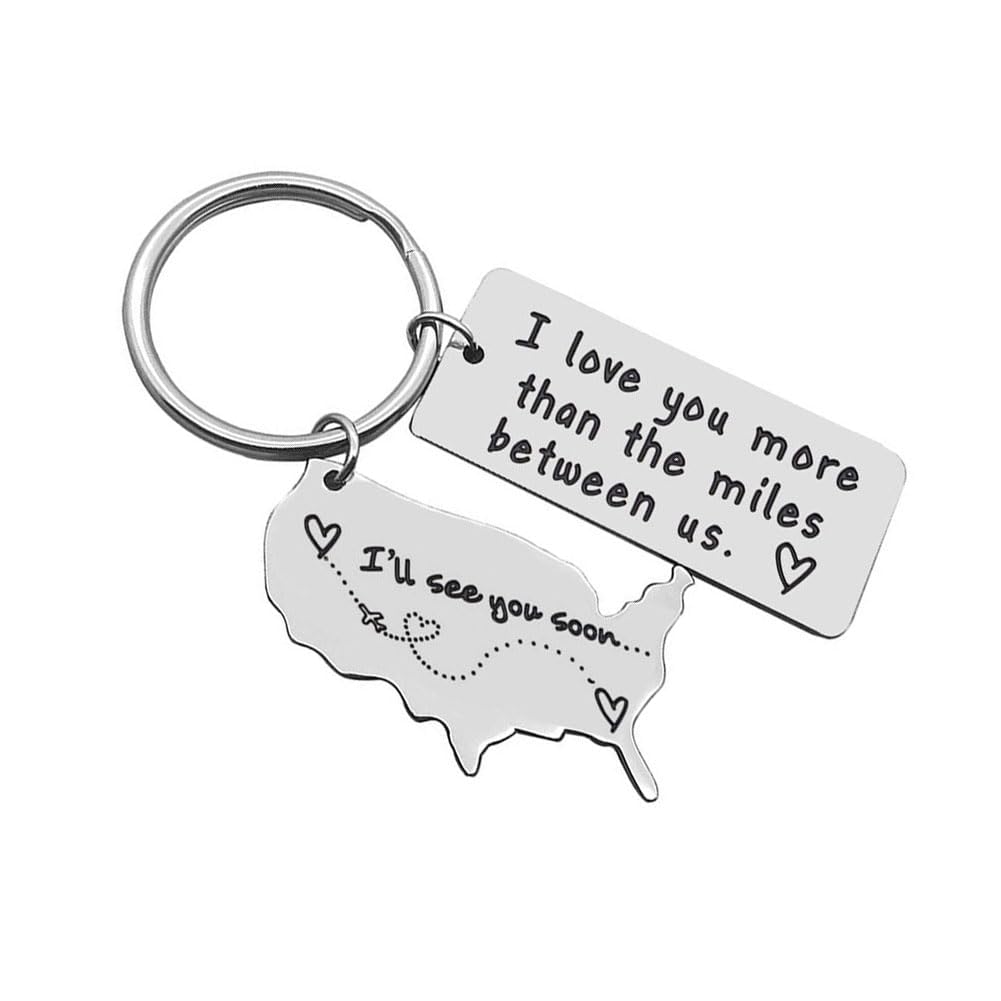 Keychain for Wife Husband Boyfriend Student Best Friend Graduation Driver Daughter Son Girls Boys Birthday Gift Father Mother - I love you more than the miles between us & USA Map CHARM