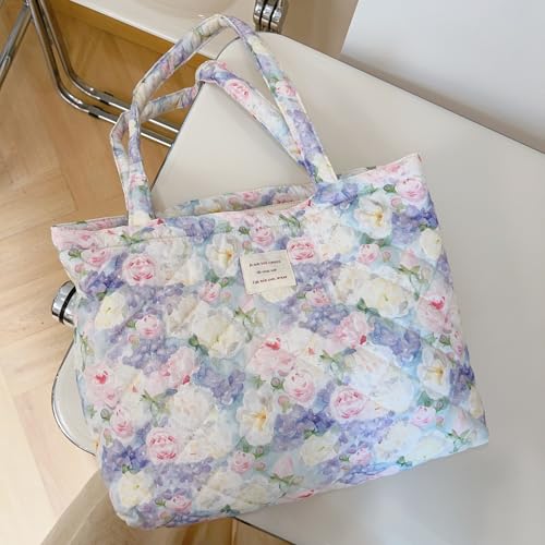 Image of Floral Quilted Cotton Shoulder Bag for Women Daily Use Medium Size Handbag Large Capacity Thickened Design Tote