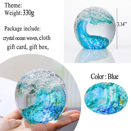 Qianwei Hand Blown Ocean Waves Crystal Ball - Glass Collectible Figurines Spere - Paperweight Glass Ball Aquarium DecorOffice Decor Ocean Lovers - Image 4