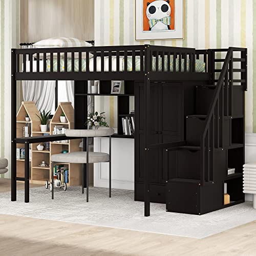 Modern Full Size Loft Bed With Built-In Wardrobe And Desk, Solid Wood Loft Bed Frame With Storage Staircase And Shelf, Multi-Functional Loft Bed For Kids Teens Aldults, Maximized Space (Espresso-8F) #TOP2