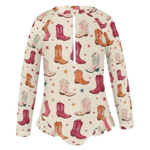 Beautiful Cowboy Boots Girls Long Sleeve Swimsuit Rash Guard One Piece Bathing Suits Zipper 3-12T2