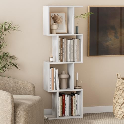 Image of Homhedy 4-Tier Bookshelf, S-Shaped Geometric Bookcase, Modern Display Standing Shelf Unit for Living Room, Bedroom, Free Standing Storage Rack for Home Office, White