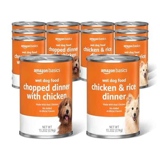 Amazon Basics Chopped Ground Dinner Wet Dog Food Variety Pack, Chicken and Rice Flavor and Chopped Dinner with Chicken, Made with Natural Ingredients, 13.2oz Cans (Pack of 12)