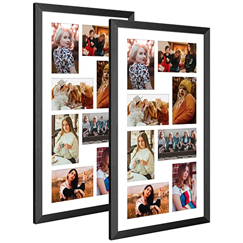 KSROECUD 11.8x21.8 Collage Frame with 8 Openings 4X6 Pictures, Multiple Picture Frame with Mat, Wall or Tabletop Decor, Black Wood Grain,2 Pack