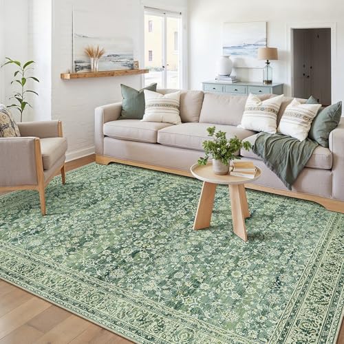 PureCozy Washable 6x9 Area Rug for Living Room Green Vintage Large Rug Non-Slip Soft Low Pile Carpet Floral Stain Resistant Indoor Office Throw Rug for Bedroom Dining Room Nursery
