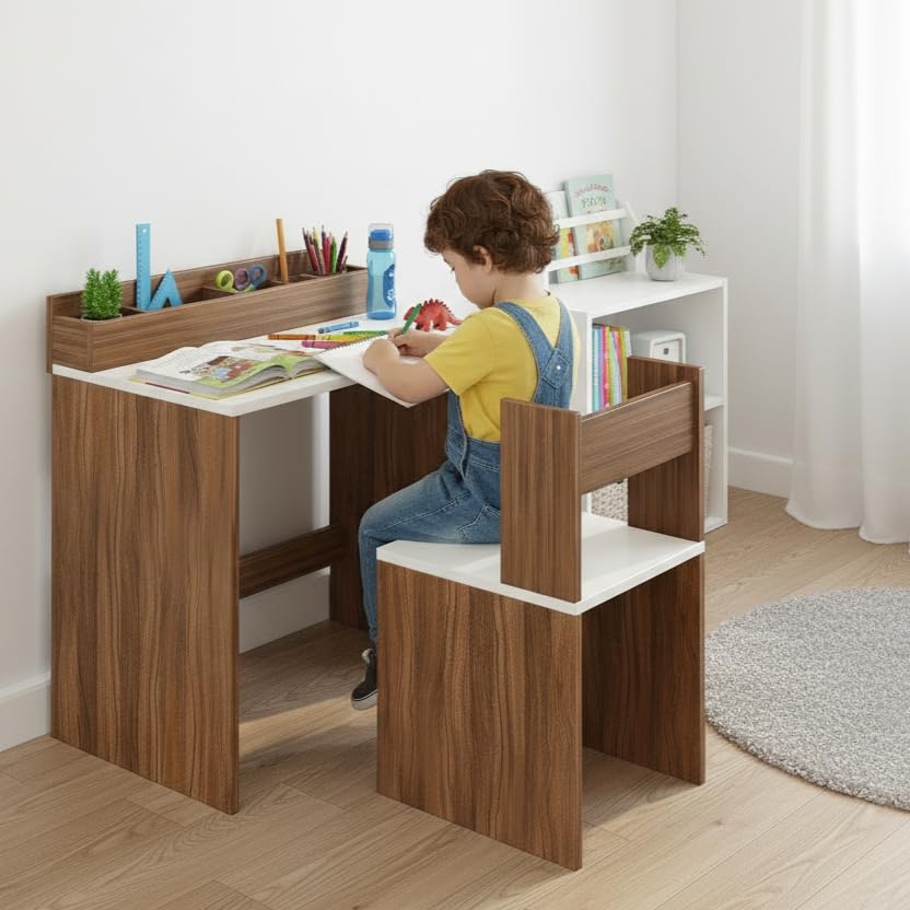 Image of FURNEASER Jasper Medium Size School Desk DIY, Table Chair Set for Kids, (80x40cm) (Exotic Teak & White)