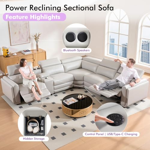 Image of Power Recliner Sofa, Leather Sectional Couch for Living Room, Light Grey | 3 Bluetooth Speakers & Hidden Storage, Modern L Shaped Reclining Couch with 6 Charging Ports