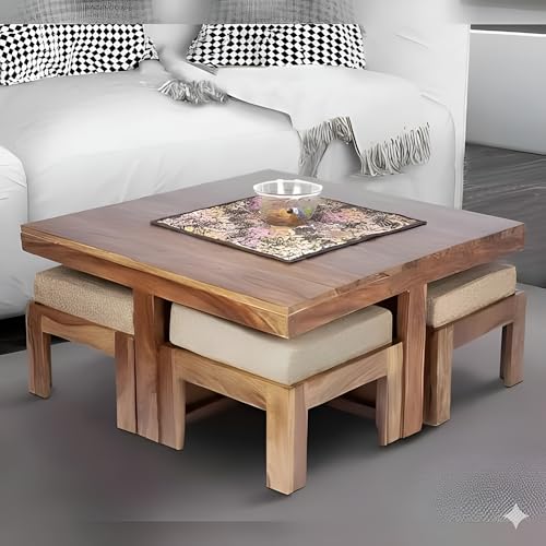 Image of Loonart Solid Sheesham Wood Coffee Table with Four Cushioned Stools | Idel for Living Room | Cafe | Restaurant | Space Saving Indoor Table Set | Finish Color - Rustic Teak Finish | Beige Cushion |
