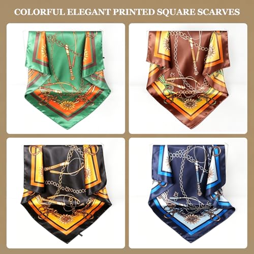 Image of DRESHOW 35 inch Large Square Satin Head Scarf - 4Pcs Silk Accessories Classic Patterned Squares Beach Bandanas for Women