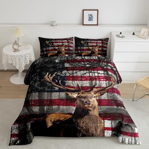 Manfei 3D Deer Comforter Set Twin Size American Flag Bedding Set 2pcs for Kids Boys Teens Room Decor, Wildlife Animal Elk Print Quilt Set Stars and Stripes Duvet Insert with 1 Pillowcase