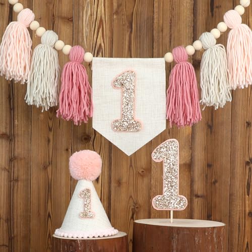 HODIHIWI Pink Baby Girl 1st Highchair Banner Wood Bead Tassel Garland Conical Cap Bling Cake Topper Birthday Party Decorations
