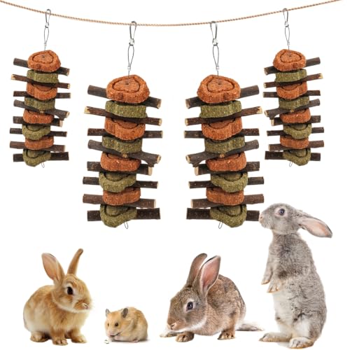 Image of Rabbit Chew Toy,Bunny Chew Toys for Teeth Grinding,Natural Apple Branch Teething Sticks with Hay Grass Cake Improve Dental Health Bunny Hanging Chew Toys for Rabbits,Chinchillas,Hamster (4 Pcs)