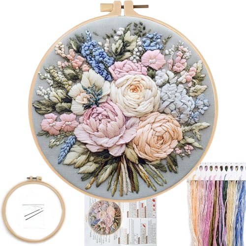 Image of FONNUY Bouquet Flowers Embroidery Kit for Beginners, Pre-Stamped Pattern Kits for Adults with Hoop, Easy to Follow Color Thread Needlework, 8'' Hoop (Heartwarming)