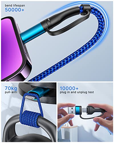 4 in 1 Charging Cable, 60W USB C to Lightning Cable 6.6FT, USB A/C to C/Lightning Multi Charging Cable Fast Charging for iPhone 16 15 14 13 Pro Max/MacBook Pro/Samsung S25 S24/Switch 2,Blue — view 4