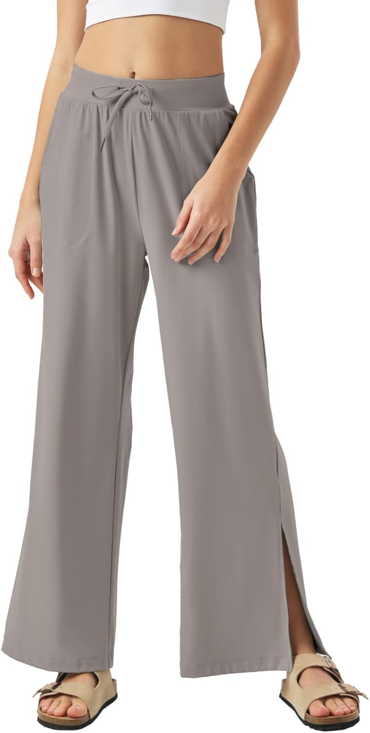 26"/28"/30" Inseam Womens Wide Leg Sweatpants Petite High Waist Summer Pants UPF50 Lightweight Beach with Pocket Split Leg 26''Inseam Large Simply Taupe