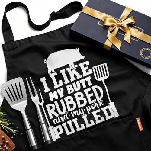 JDNFYGX Funny BBQ Apron Gifts for Men, Hilarious Grill Chef Apron with Pockets, Adjustable Cooking Apron - Birthday & Fathers Day Gift for Dad Husband Brother Boyfriend Grandpa