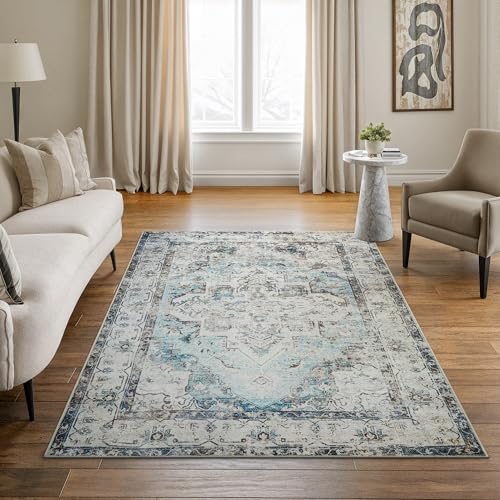 Bloom Rugs Tapete lavável antiderrapante 1,2 m x 1,8 m - tapete de área persa tradicional bege / azul para sala de estar, quarto, sala de jantar e cozinha - Tamanho exato: 1,2 x 1,8 m