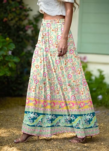 Image of Lepunuo Womens Casual Boho High Waisted Flowy Maxi Skirts Tiered Floral Long Skirts with Pockets for Summer Beach Vacation