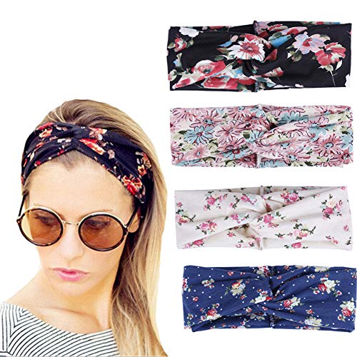 ZYCC 4 Piezas Diademas Mujer Boho Floral Algodón Elástico Turbante Pelo Banda Ocio Yoga (Set 2)