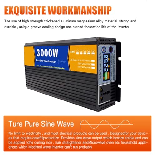 HENGJINGTR Conversor de inversor de potência de 3000 watts DC 12V-72V para CA 110V 220V para veículo Inversor de onda senoidal pura Off Grid Inversor solar com display LED,48v to 220v 60hz