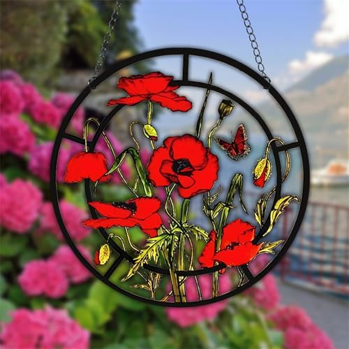 WOHAHA Red Poppy Flower Stained Window Hanging Floral Acrylic Panels Indoor Outdoor Round Windows Hanger Kitchen Bedroom Garden Wall Art Decor Gifts for Women Mom Grandma Teacher
