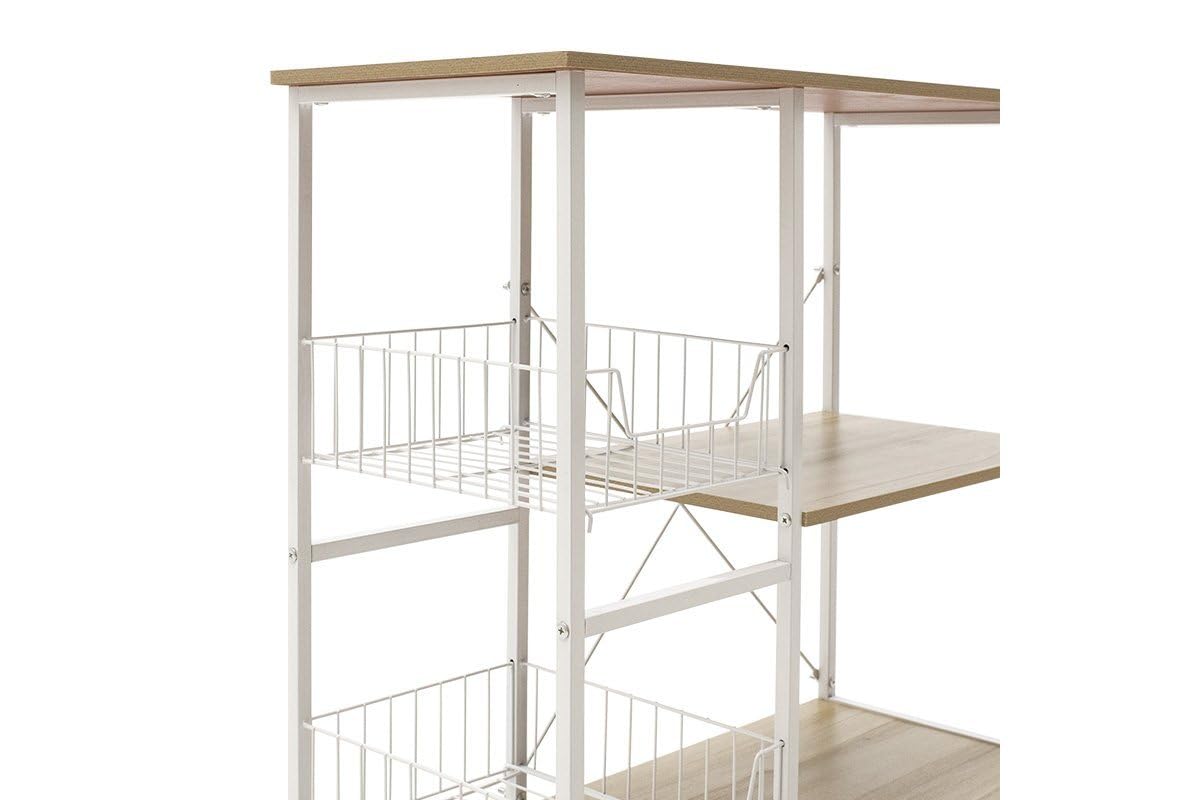 Meyvaser Estanteria de Cocina, Estantería para Microondas con 2 Cestas de Malla Metálica Blanca, 3 Estantes y Ganchos 80x34x75cm Color Madera y Blanco