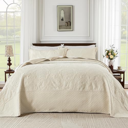 Image of ENJOHOS Oversized King Bedspread 138x122, California King Quilt with Damask Pattern, Beige Coverlet with Pillowcase, Lightweight Soft Extra Wide Comforter Bedding Set for All Season | Breathable