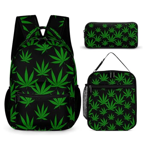 Green Weed Printed Backpack with Lunch Box Bag Pencil Case Pouch 3pcs Daypack Set for Women Men