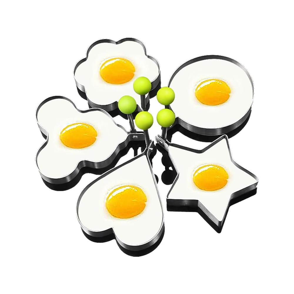 DoHTeck Stainless Steel Egg Mould, (5 pcs) Different Shape Egg Ring Mould with Handle Non-Stick Kitchen Cooking Tools
