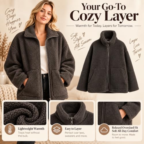 Sherpa Jacket Women, Full Zip Up Fuzzy Jackets Long Sleeve Stand Collar - image 3