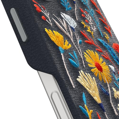 Image of OtterBox iPhone 16 Symmetry Series Cactus Leather Embroidery for MagSafe - Enchanted Garden Blue - Textured, Embroidered Floral Artistic iPhone Case, MagSafe Compatible Embroidered iPhone Case