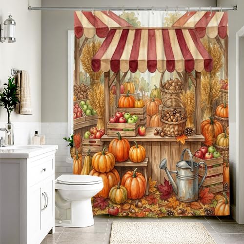 Rideau de douche extra long 183x243 cm en polyester imperméable motif citrouilles et blé