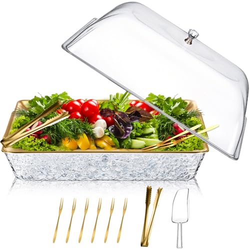 Baderke 1 Set 16" x 9" Chilled Serving Tray for Parties with Compartments and Lid Charcuterie Serving Board Ice Rectangle Chilled Party Platter for Seafood Vegetable Fruit Shrimp Cocktail (Gold) by Baderke - Used condition - US$35.93