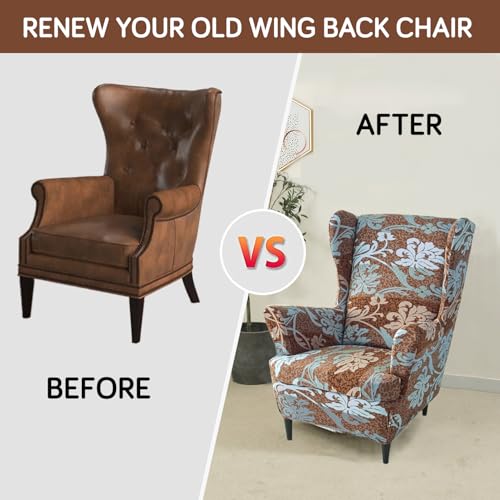 Image of HOKIPO Polyester Blend 140 GSM Fully Covered Wingback Chair Cover, Rich Chocolate Damask Floral (AR-5135-D12)