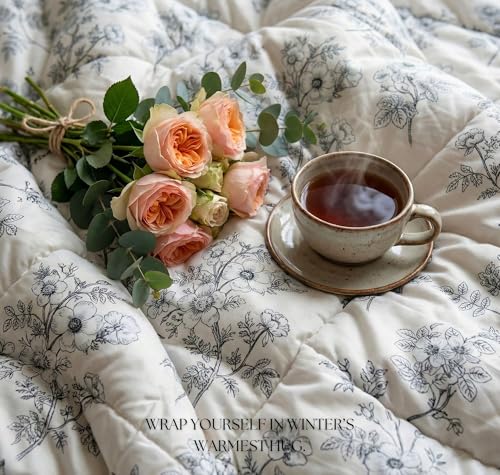 Image of SANMARINO 300GSM Reversible Cotton AC Comforter /Duvet | Floral Pattern, 3-Layer Quilted All-Season Blanket for Double Bed (250 x 225 cm) | 2.5 kg (Pearl Off White)