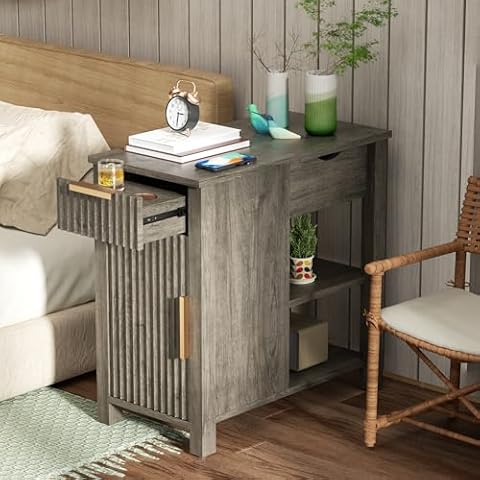 24'' Nightstand with Charging Station, End Table with Charging Station Vintage Side Table with Storage Wooden Sofa Side Table and Outlets Bedside Table for Living Room Couch Office Bedroom Small Space Cover