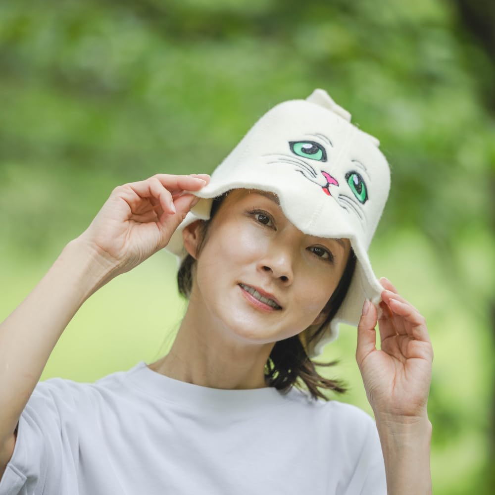 Tkaniny naturalne Sauna Hat 'Sauna Kitten' White - 100% Organic wełniane kapelusze dla rosyjskiej Bania - Protect Your Head od ciepła - English Sauna eBook Przewodnik w cenie - z haftem