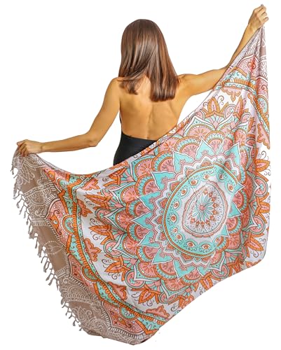 Mandala Life ART Blauer Damen Sarong Pareo Mit Fringe Hochwertiger Rayon Groß Strand Strandtuch Wickeltuch Wickelrock Strandrock Tapisserie Wickeltuch Bikini Cover Up Tuch Für Badeanzug