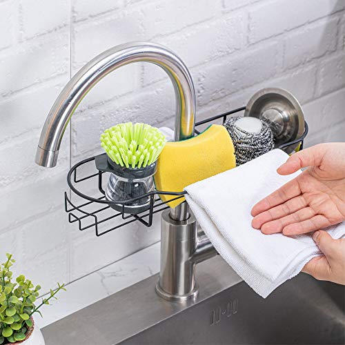 Sink Organizer - Faucet Sponge Holder Dish Cloth Hanger Bathroom Faucet Rack,Faucet Storage Rack Hanging Shower Caddy, Bathroom Storage Basket (Faucet Sponge Holder Black)