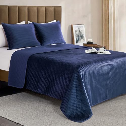 Elegant Comfort Luxury 3-Piece Velvet Corduroy Stripe Quilt Set, Ultra Soft Bedspread - Cozy Velvet Coverlet Set - 3PC Medium Weight Quilted Set with Matching Pillow Shams, Queen, Navy Blue