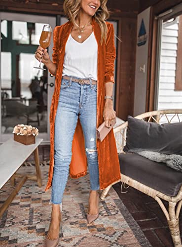 Image of Women's Long Velvet Cardigan Jacket Lapel Collar Open Front Vintage Cardigan Sweater with Pocket