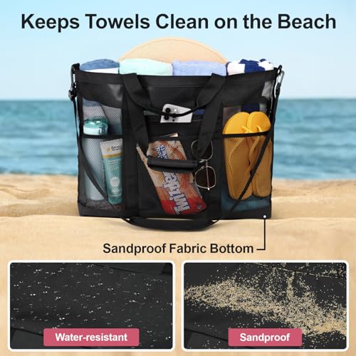 Image of Beach Bag, F-color Mesh Beach Bag Oversized Beach Tote 8 Pockets Beach Toy Bag Lightweight Beach Tote Bag for Women Picnic Travel