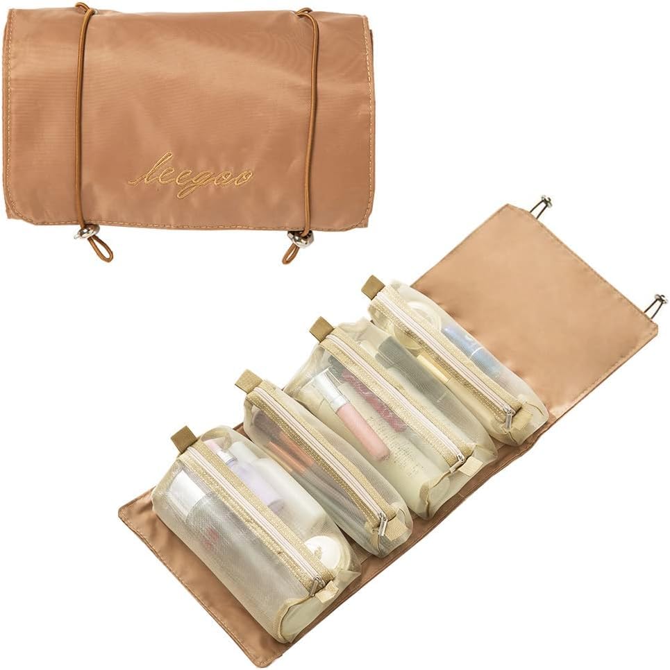 Awestuffs 4 in 1 Detachable Toiletry Bag Hanging Roll-Up Makeup Bag Large Capacity Travel Mesh Cosmetic Bag Portable Foldable Toiletry Bag Waterproof Cosmetic Organizer Bag for Travel Daily (Khaki)-picture-18