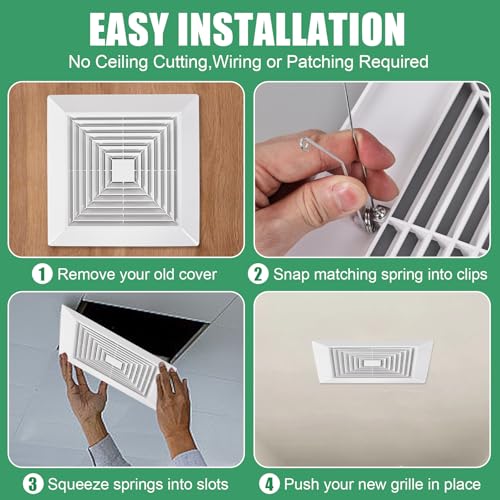 Cubierta blanca para extractor de baño (paquete de 4 unidades, 12 x 12 pulgadas), con resorte, montaje en techo o pared, rejilla, difusor de aire, campana de ventilación, accesorios de reemplazo miniatura 4